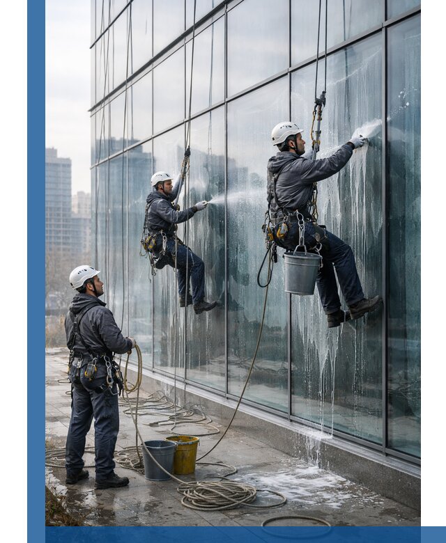 Промышленная мойка панорамных окон на высоте в Сызрани