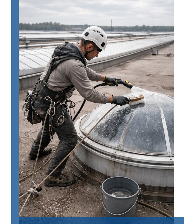 Мойка зенитных фонарей на кровле для промышленных объектов в Сызрани