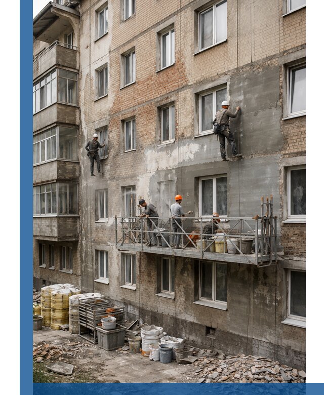 Капитальный ремонт фасада в Сызрани с восстановлением и гидроизоляцией