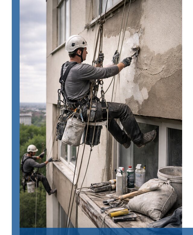 Косметический ремонт фасада зданий в Сызрани промышленными альпинистами