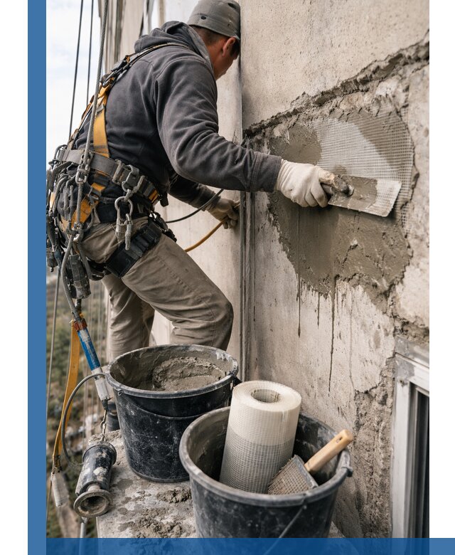 Ремонт бетонных элементов фасада промышленными альпинистами в Сызрани