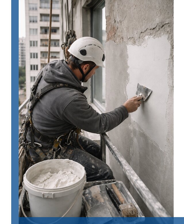 Шпаклевка фасадов на высоте с промальпинистами в Сызрани