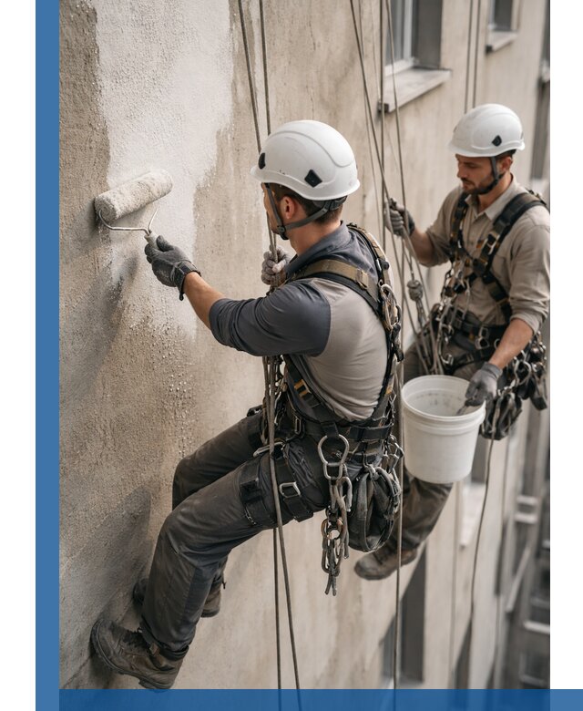 Грунтовка фасада на высоте в Сызрани промышленными альпинистами