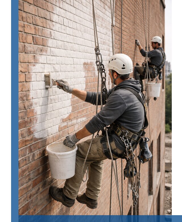 Покраска кирпичного фасада с доступным альпинистским сервисом в Сызрани