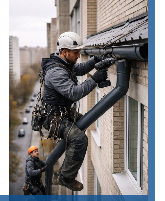 Монтаж водосточной системы на здании в Сызрани от 5065 р. | ВЫСОТНИК-Сзр