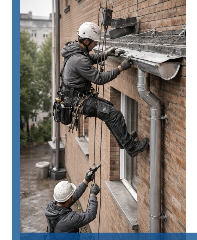 Монтаж водосточной системы на здании в Сызрани под ключ