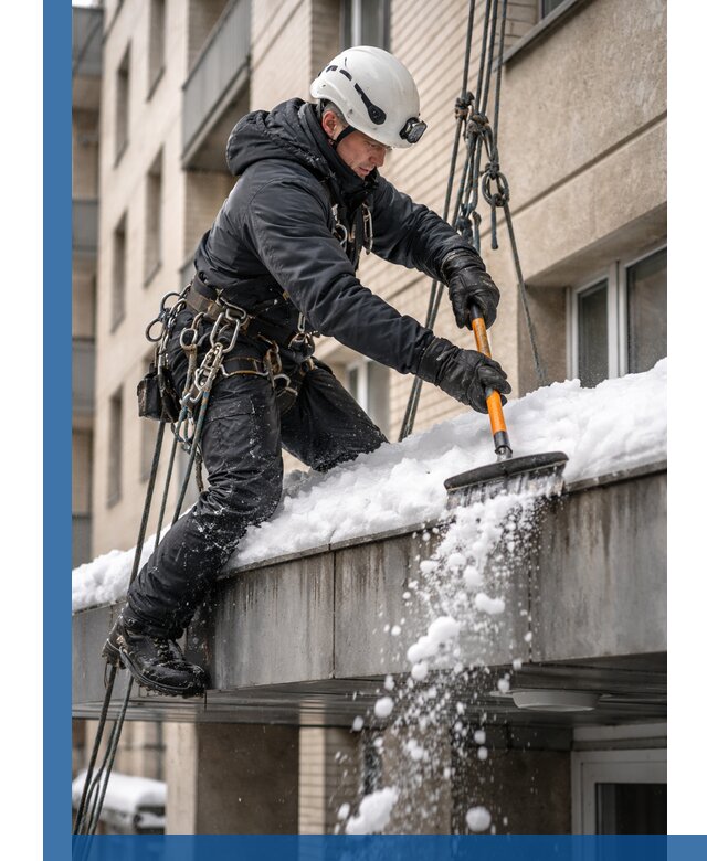 Очистка козырьков от снега в Сызрани круглогодично безопасно