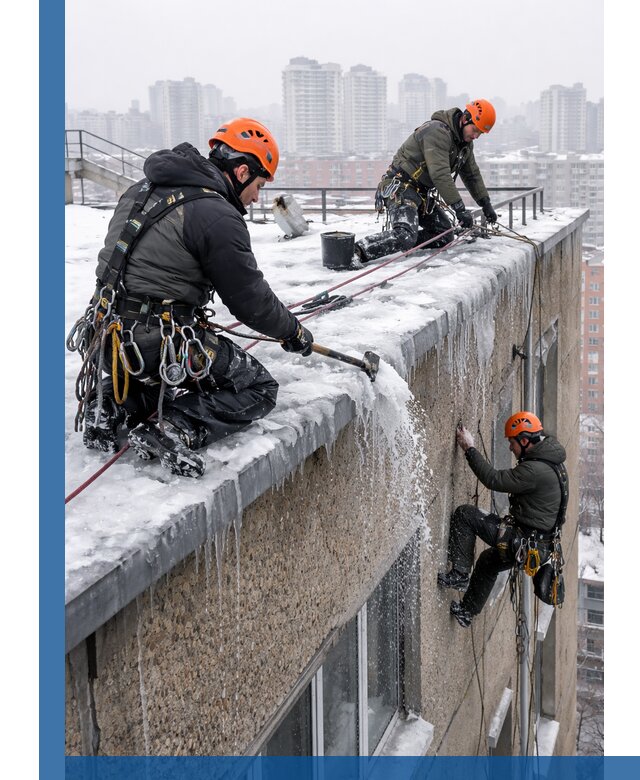 Удаление наледи с кровли в Сызрани промышленными альпинистами