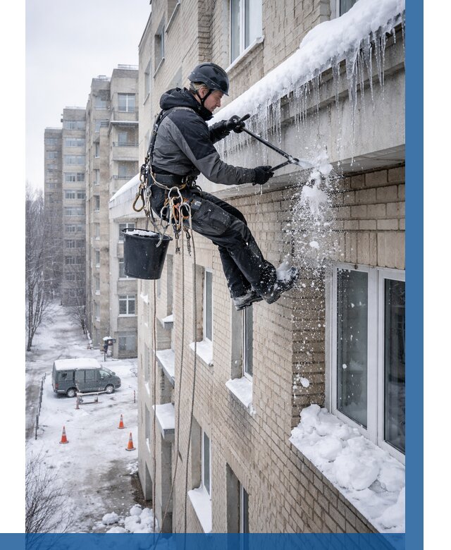 Удаление наледи с карнизов в Сызрани от 355 р. | ВЫСОТНИК-Сзр