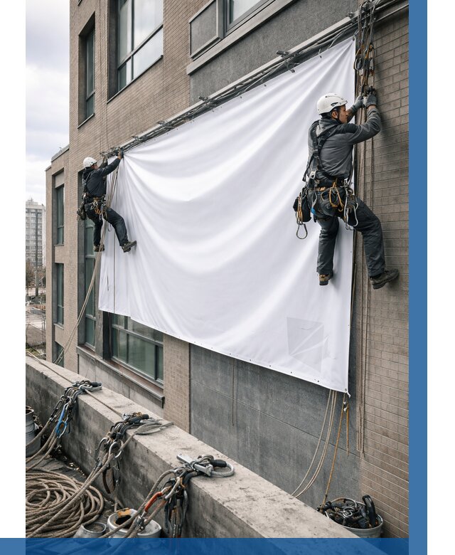 Монтаж баннеров на фасаде в Сызрани от 658 р. заказать ВЫСОТНИК-Сзр