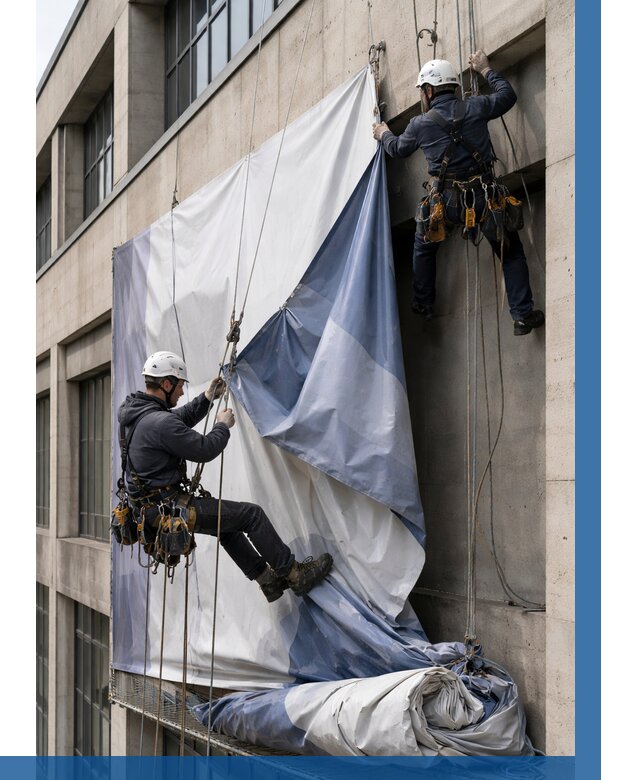 Демонтаж баннеров с фасада в Сызрани от 4559 р. | ВЫСОТНИК-Сзр