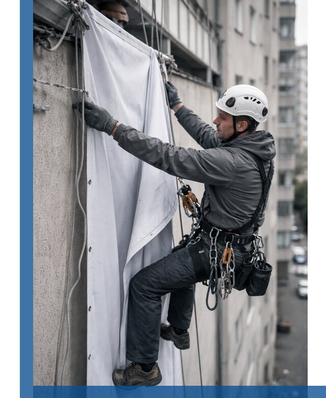 Замена баннерного полотна промышленными альпинистами в Сызрани
