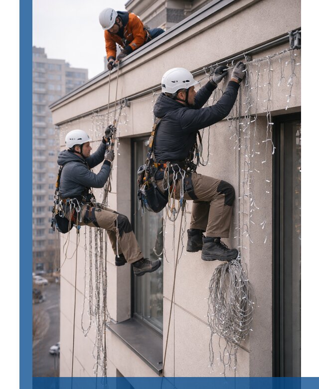 Монтаж праздничных гирлянд на фасаде в Сызрани для зданий