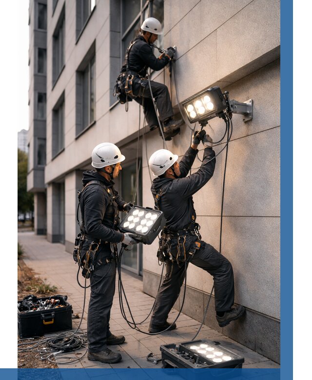 Монтаж прожекторов на фасаде в Сызрани от 7598 р. | ВЫСОТНИК-Сзр