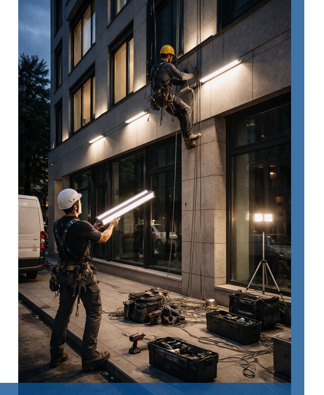 Монтаж архитектурной подсветки здания в Сызрани от 2533 р.|ВЫСОТНИК-Сзр