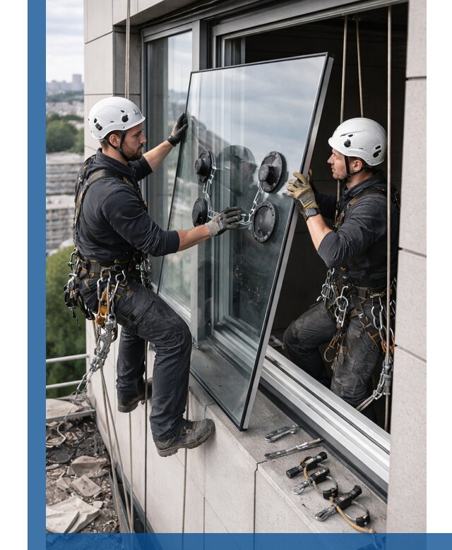 Замена стеклопакетов на высоте с промышленными альпинистами в Сызрани