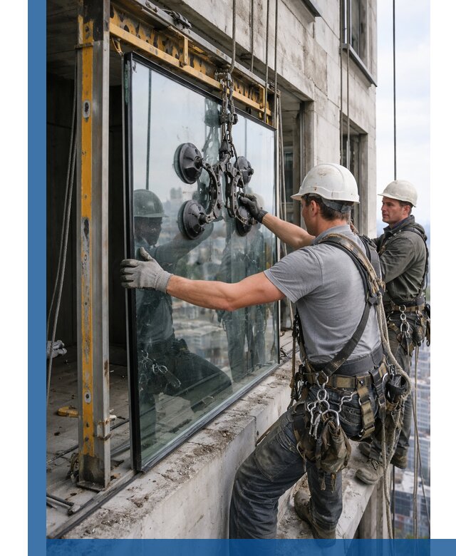 Монтаж стеклопакетов на высоте в Сызрани с промышленным альпинизмом