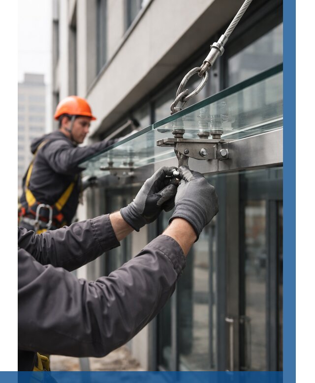 Монтаж стеклянных козырьков в Сызрани от 8611 р. | ВЫСОТНИК-Сзр