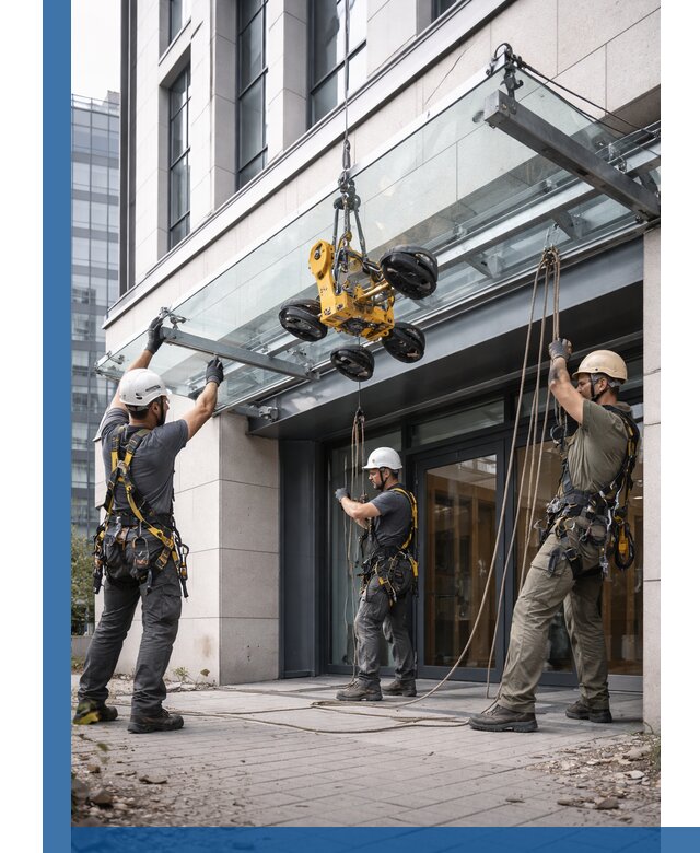 Монтаж стеклянных козырьков под ключ в Сызрани для зданий