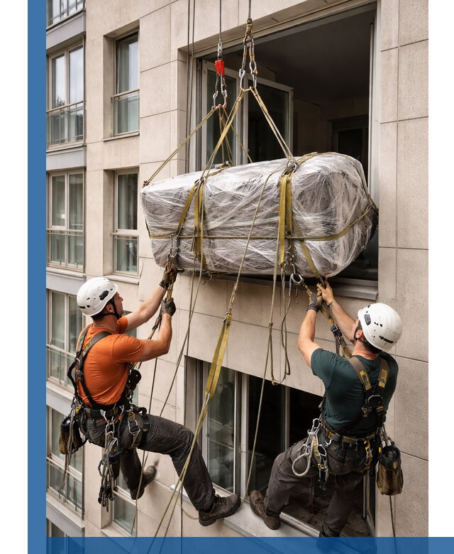 Подъем грузов через окно в Сызрани промышленными альпинистами