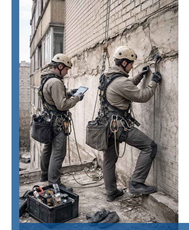 Обследование фасада промышленными альпинистами в Сызрани